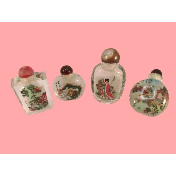 Reverse Painted Glass Snuff Bottles Vintage Asian Art with Stoppers Lot of 4 - Picture 3 of 12